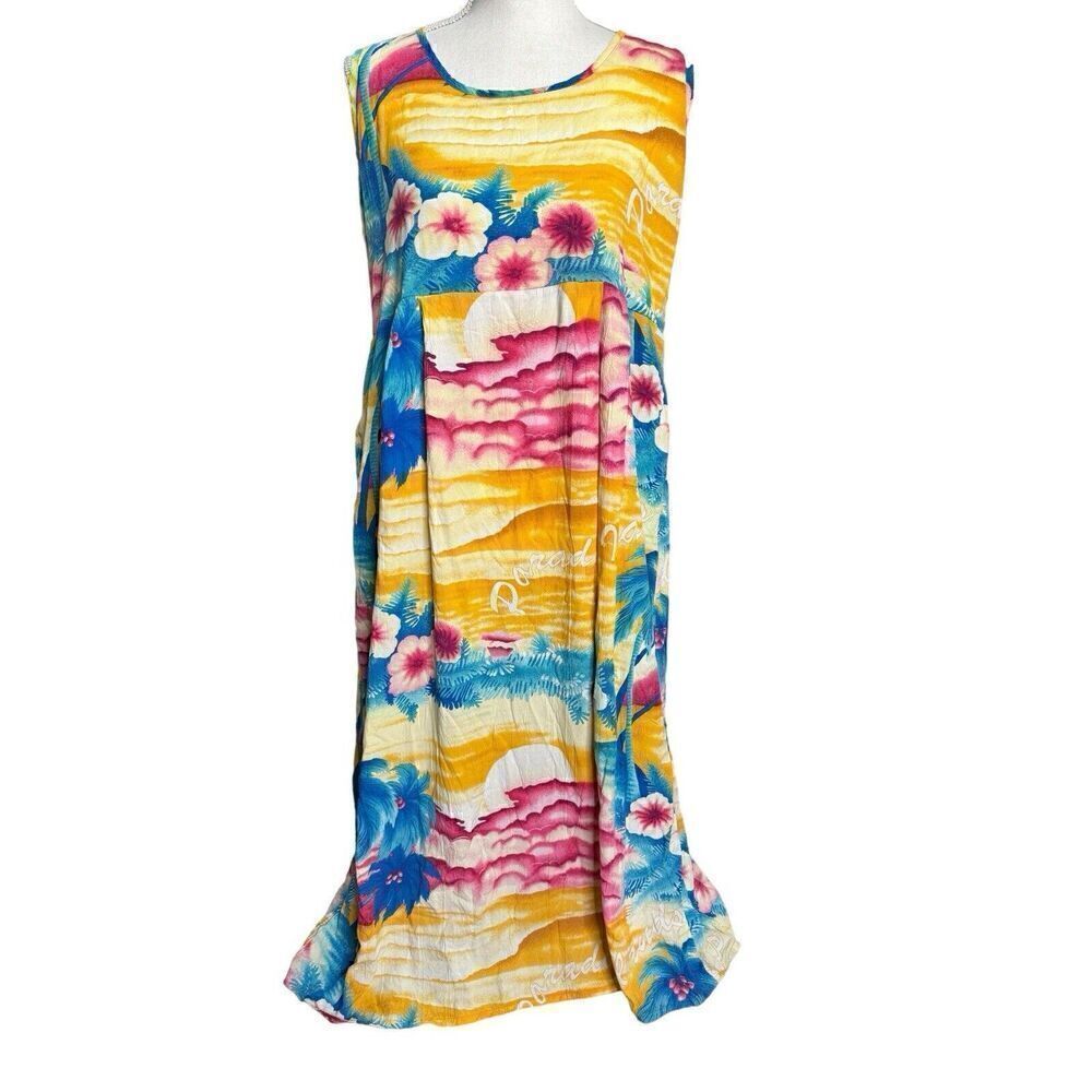 VINTAGE Jams World  Paradise Found Midi Dress Sleeveless Pockets Floral Hawaii L